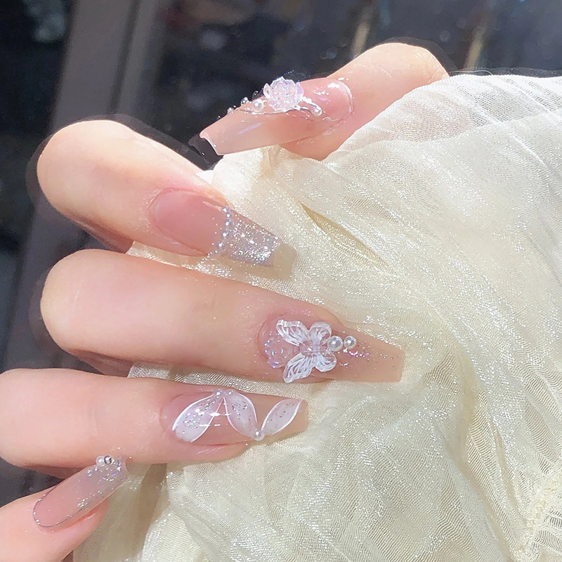 Pure Desire Ins Style Pink Nude Stereo Crystal Butterfly White Ribbon Pearl Wearable Nail Patch Finished Product Pure Desire Ins Style Pink Nude Stereo Crystal Butterfly White Ribbon Pearl Wearable Nail Patch Finished Product