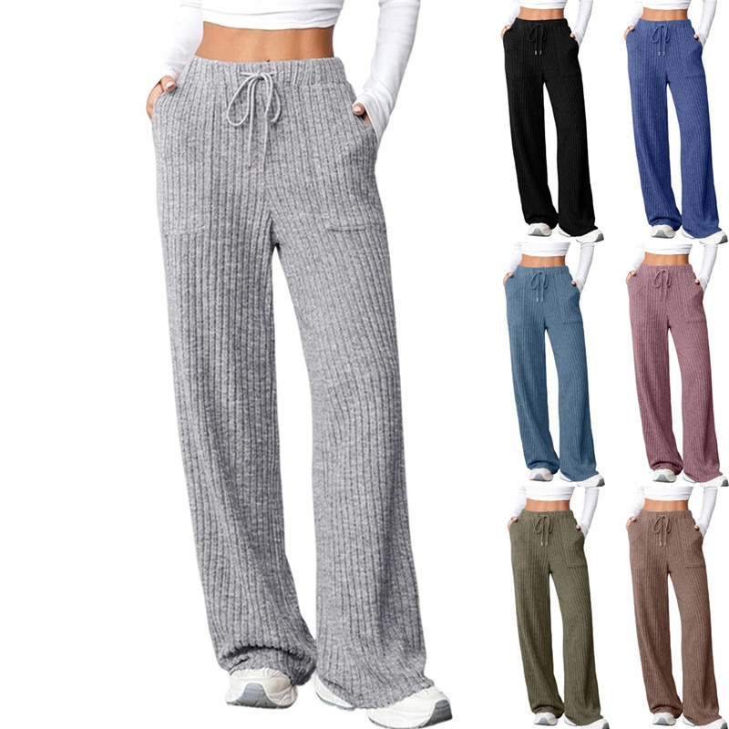 Cross-Border 2025 Women's Ribbed Wide-Leg Casual Pants with Pockets Casual Comfortable Loose Soft Knitted Home Pants for Women