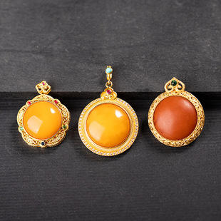 S925 Silver Gold Plated Natural Amber Beeswax Round Sachet Pendant Dragon Play Ball Ruyi Pendant Women's Pendant