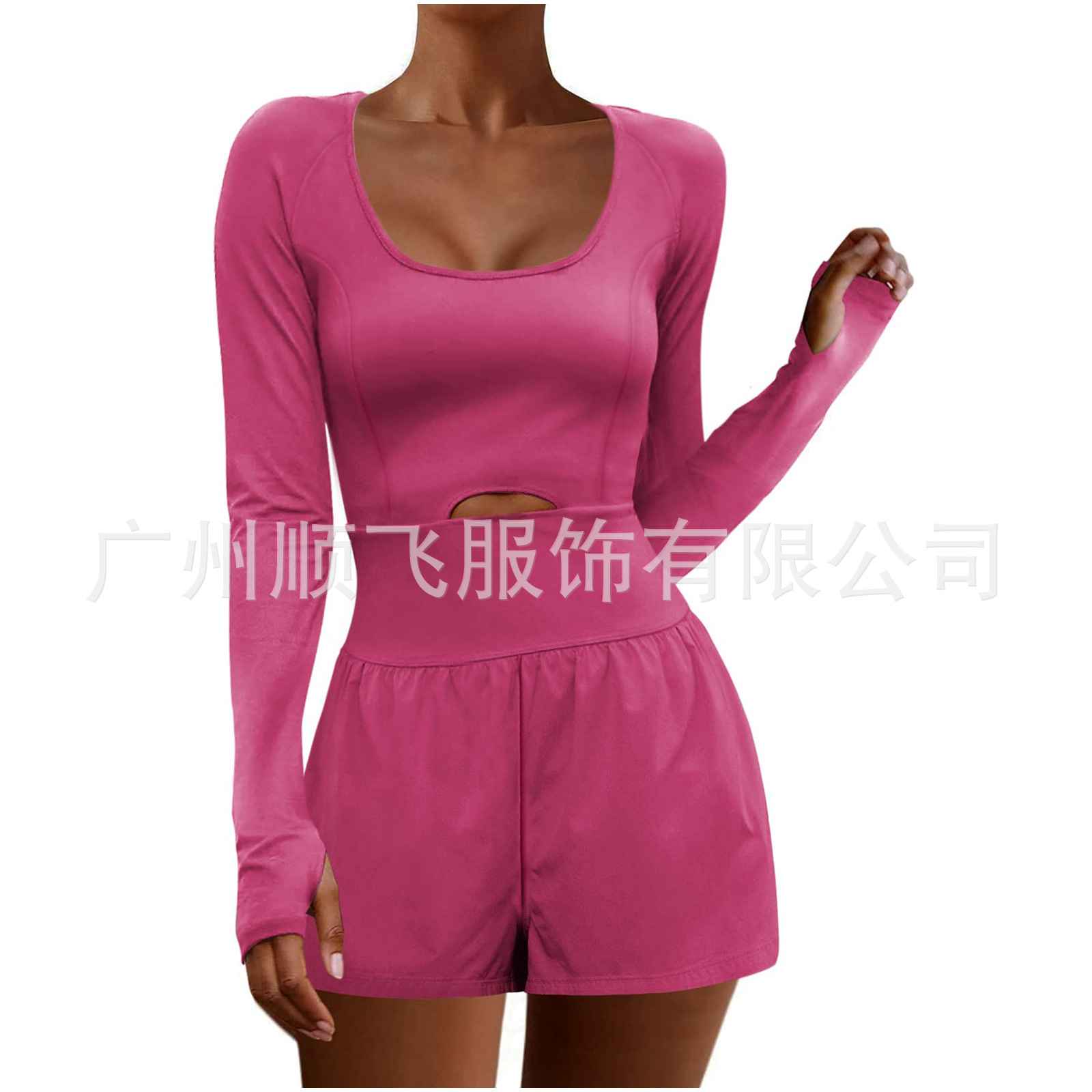 Transfronterizo europeo y americano sexy Hollow deportes ropa de mujer Amazon cintura-apretado moda manga larga al aire libre color sólido bolsillo mono