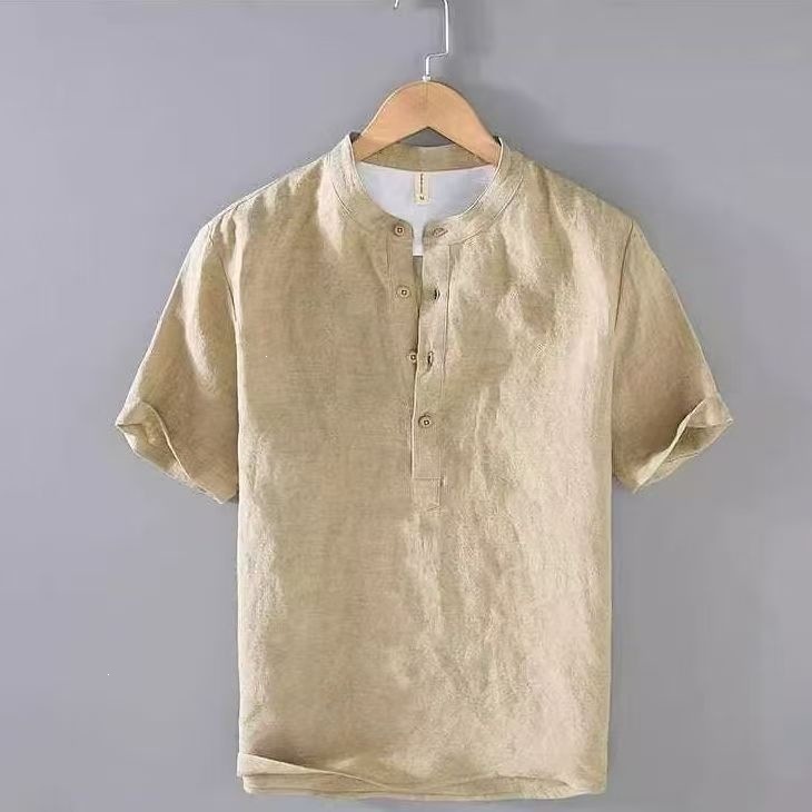 Camicia da uomo taglie forti in cotone e lino a maniche corte, vestibilità ampia e casual, ideale per l'estate._voghion.com