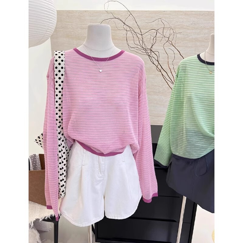 Korean-style Dopamine Wear Sunscreen Sling Blouse Niche Design Sense Contrast Color Striped Knit Thin Top for Women