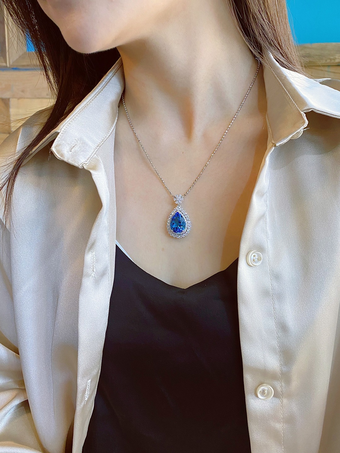 Fashion Water Droplets Copper Pendant Necklace Inlay Artificial Gemstones Copper Necklaces