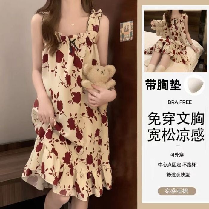 Nightgown for Women in Summer, Sweet Vest-Style with Chest Pads, Woven Bubble Cotton Crinkle Fabric, Cute Summer Dress for Women Nightgown for Women in Summer, Sweet Vest-Style with Chest Pads, Woven Bubble Cotton Crinkle Fabric, Cute Summer Dress for Women