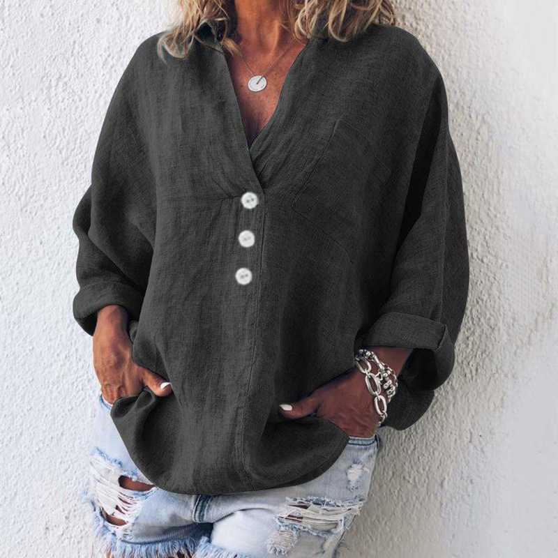 V Neck Neckline Loose Fit Type Wholesale Women's Vintage Style Simple Style Solid Color Long Sleeve Blouses
