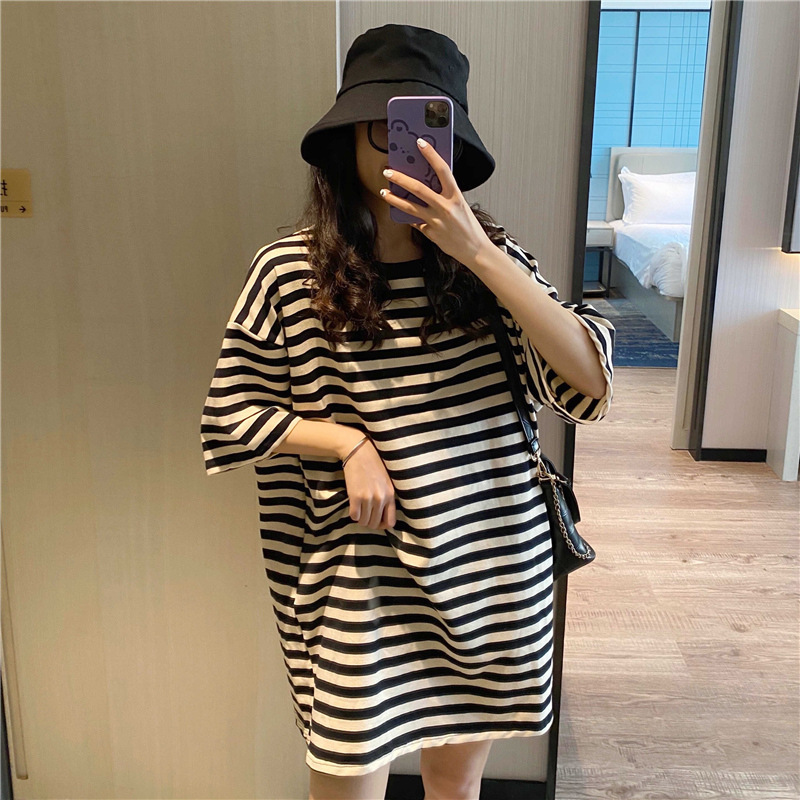 Plus Size Maternity Wear Summer Short-Sleeved T-Shirt 2022 New Korean Style Fashionable Mom Mid-Length Stripesd T-Shirt Dress