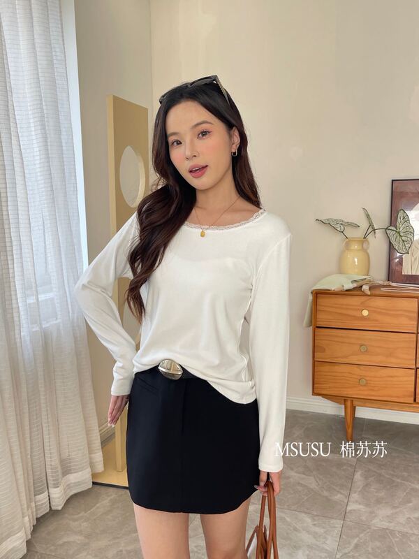 MSUSU棉苏苏圆领蕾丝花边打底衫2025秋季新款休闲显瘦长袖上衣女|undefined