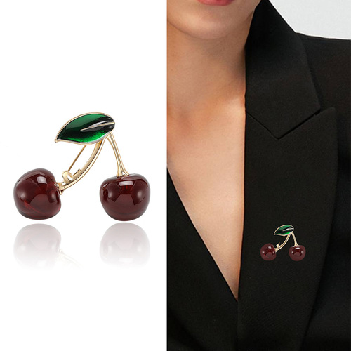 Korean Style Fashion Sweet Cherry Chia Pin, Simple and Fresh Fruit Alloy Pin, Versatile Suit Attire Accessory