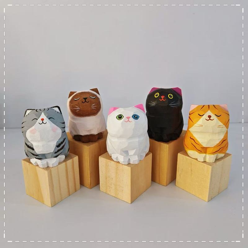 手工木雕小猫桌面摆件车内装饰DIY创意可爱萌宠饰品实木原创治愈|undefined