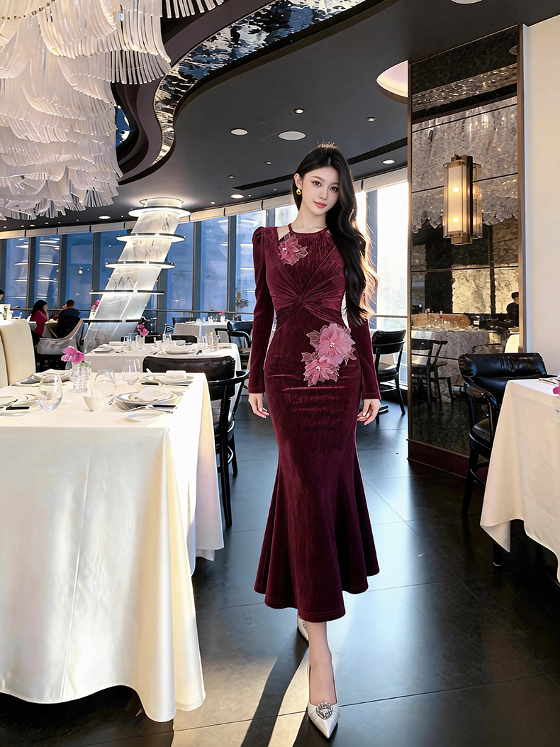 Đầm ôm body nữ thiết kế rỗng hoa lập thể phong cách Pháp — màu sắc chi tiết 5
