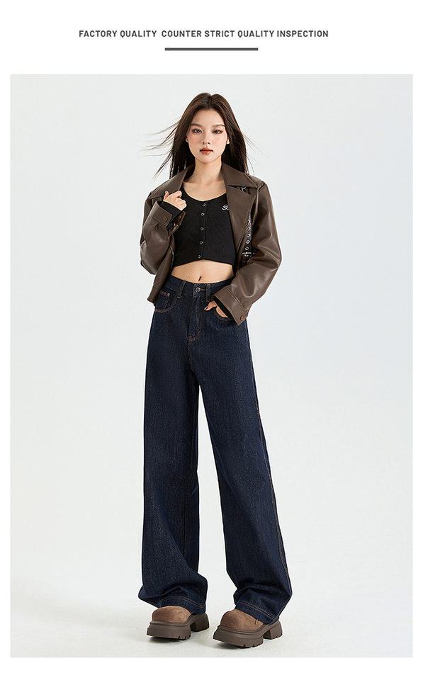Quần jean nữ ống đứng cạp cao lót lông cừu màu xanh denim, form suông tôn dáng — Kiểu dài màu xanh đậm, Màu xanh đậm chín điểm, Màu xanh đậm kéo dài, Kiểu dài nhung dày màu xanh đậm chi tiết 19