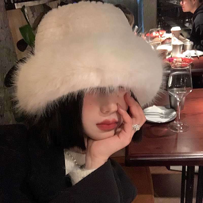 White Plush Hat for Women, Winter Korean Style, Face-Smaller, Thick, Warm, Fisherman Hat, Japanese Style, Large Head, Coldproof Hat, Trendy