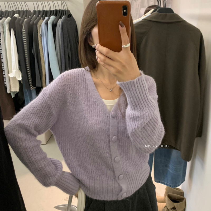 miss密思家2025秋季彩色简约慵懒v领针织毛衣外套女短款开衫上衣|undefined