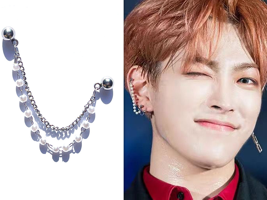 韩国组合 ATEEZ 金弘中同款珍珠链条组合耳钉耳夹男士耳坠