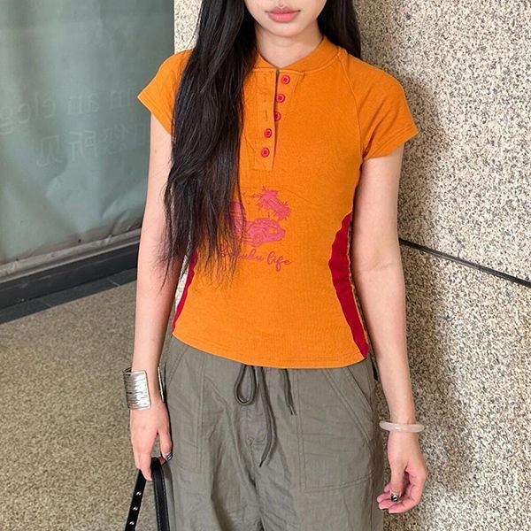 トップスジンジャーカラー半袖レディーススリムフィット夏新カラーマッチング多用途ボタンプリントTシャツ|undefined