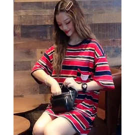 欧货条纹短袖T恤女新款美式复古中长款宽松大码显瘦半袖MX3320
