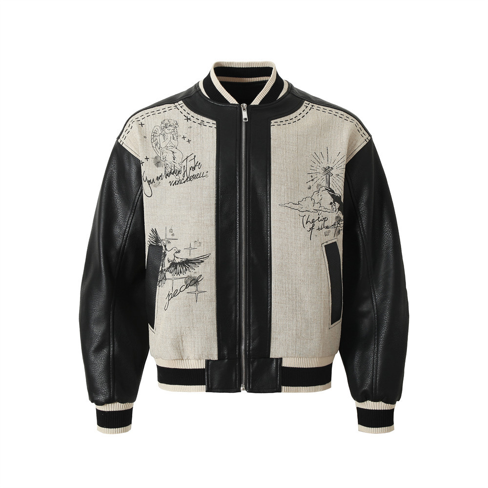 Vintage Style Angel Wing Print PU Leather Baseball Jacket For Men - Loose Fit, Color Block Design, Trendy Streetwear_viptrois.com