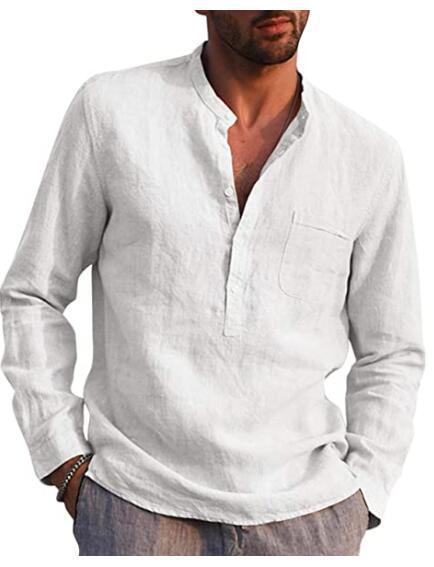 Herren Casual Hemd Mit V-ausschnitt Aus Baumwolle Und Leinen_voghion.com