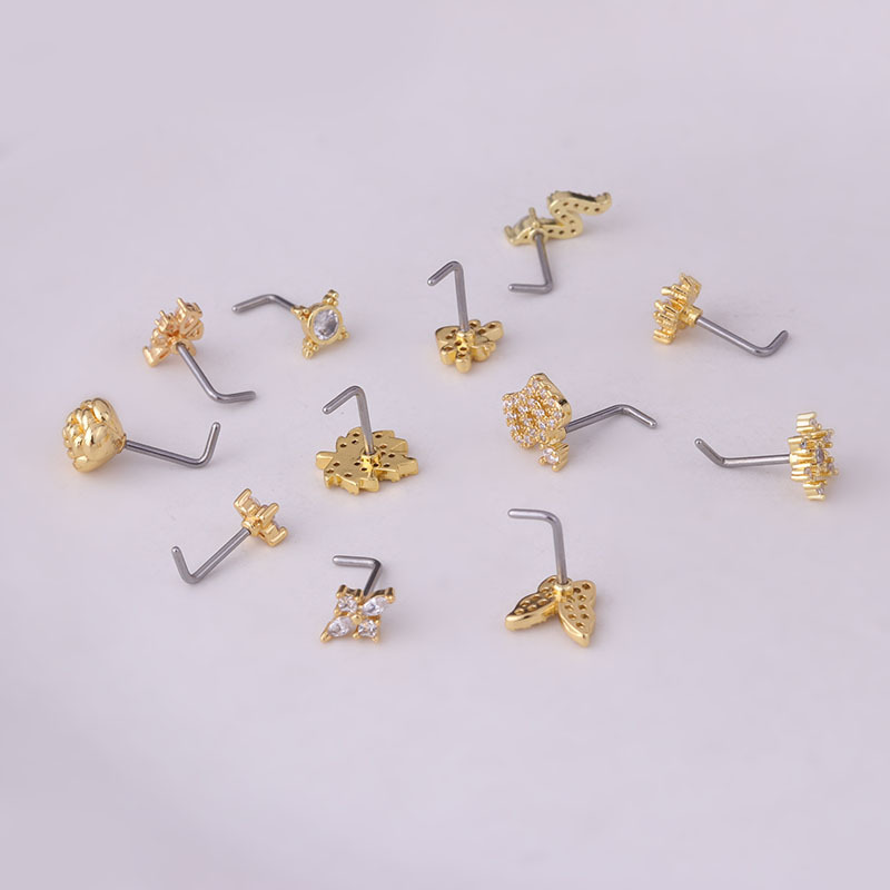 Titanium Steel Screw Rod Nose Stud Micro Inlaid Zircon Butterfly Crown Fashion Nose Studs