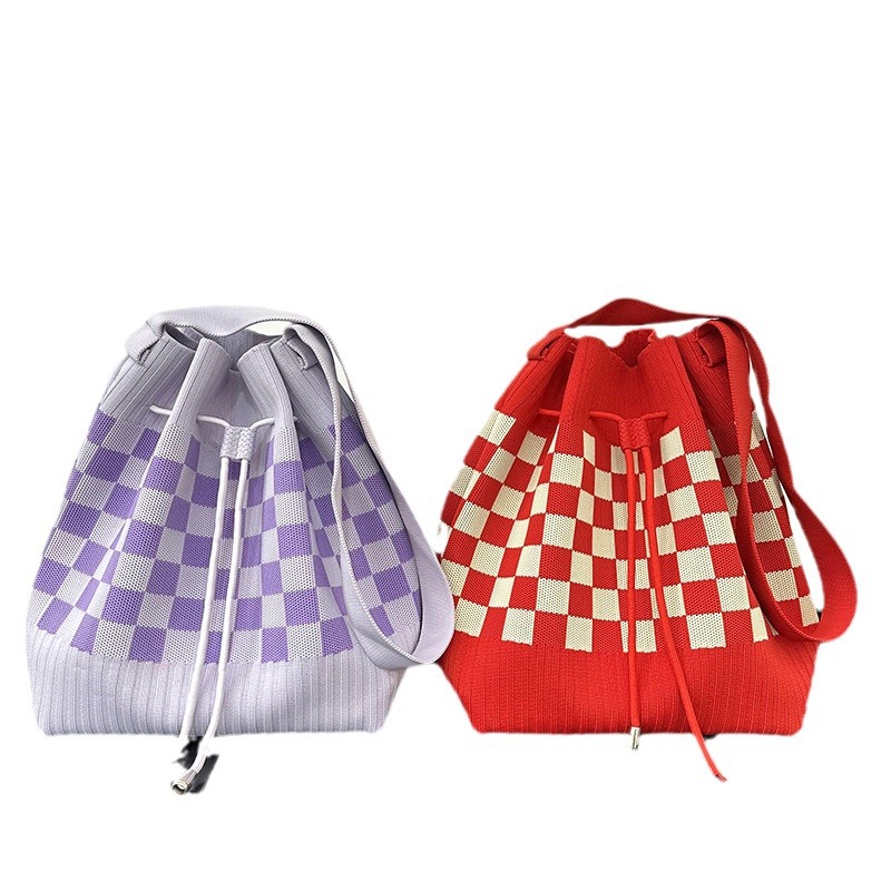 Nuevo bolso de cubo con cordón, bolso de punto, bolso de mano casual de gran capacidad, tablero de ajedrez, bolso tejido de moda de doble clavija