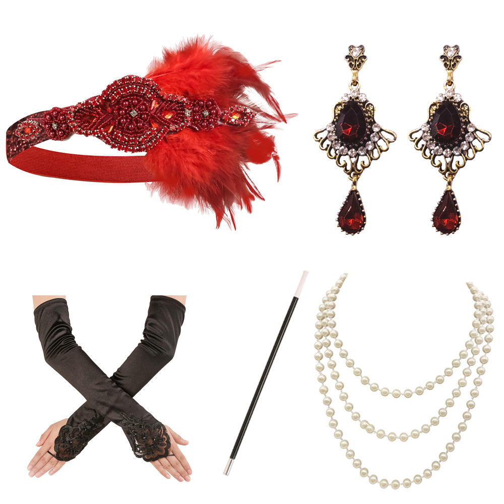 1920 Flapper vestido de niña disfraz de Halloween guantes de cigarrillos collar de varilla venda tira de lana conjunto de cinco piezas