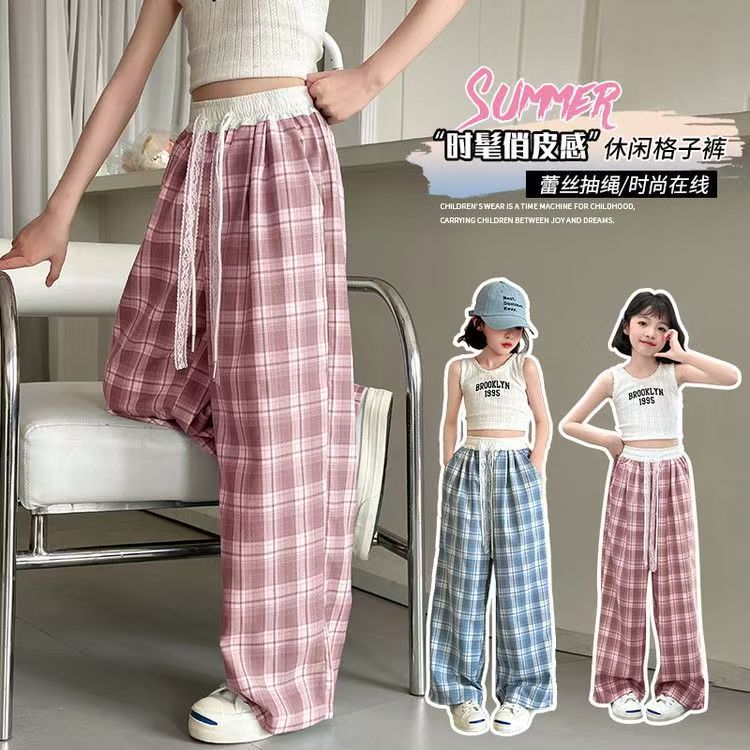 Trendy Girls' Summer 2026 New Style Plaid Pants, Thin Style, Casual Long Pants for Big Girls