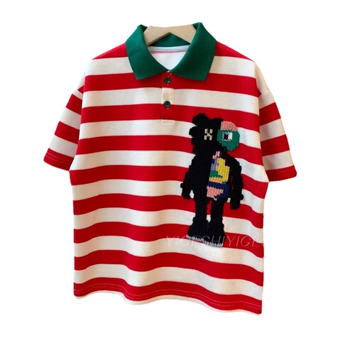 Boys and girls loose POLO shirt 2023 new summer style medium and large children Korean version cartoon loose lapel striped T-shirt trendy