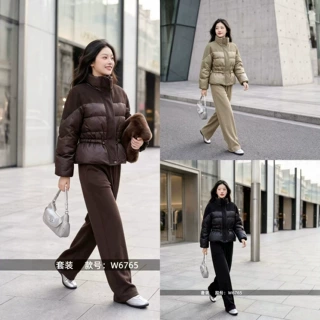 2026冬季棉服套装女抽绳收腰短款棉衣同色系阔腿裤两件套