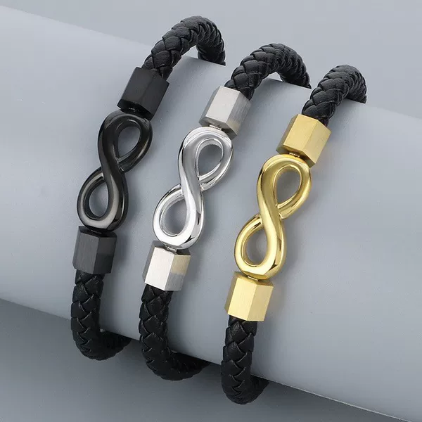 2026 New Model Cross-Border Customizable European and American Men's Simple Stainless Steel Buckle Stainless Steel Infinity Leather Bracelet