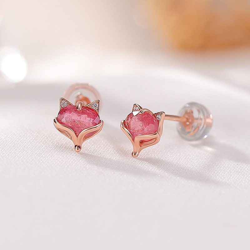 Bông tai bạc S925 mạ vàng hồng đính tourmaline hình cáo phong cách cá tính — Một cặp (màu tourmaline ngẫu nhiên)