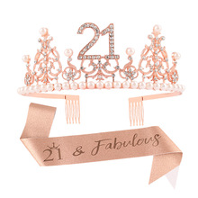 跨境珍珠水钻皇冠头饰派对生日女孩装饰皇冠发箍蛋糕摆件烫金肩带