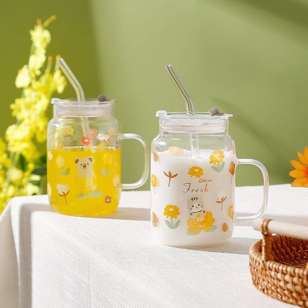 Taza de animales de flores frescas creativas con tapa taza de paja regalo Taza de oficina taza de vidrio de alta apariencia
