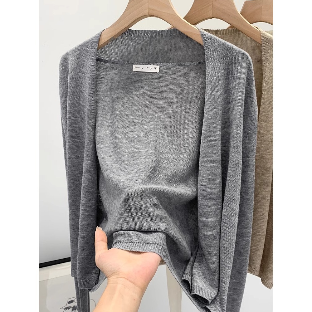 Grey Lazy Style Knitted Cardigan Women's Spring and Summer Fashionable Lightweight Slimming Long Sleeve Roll-up Casual Top