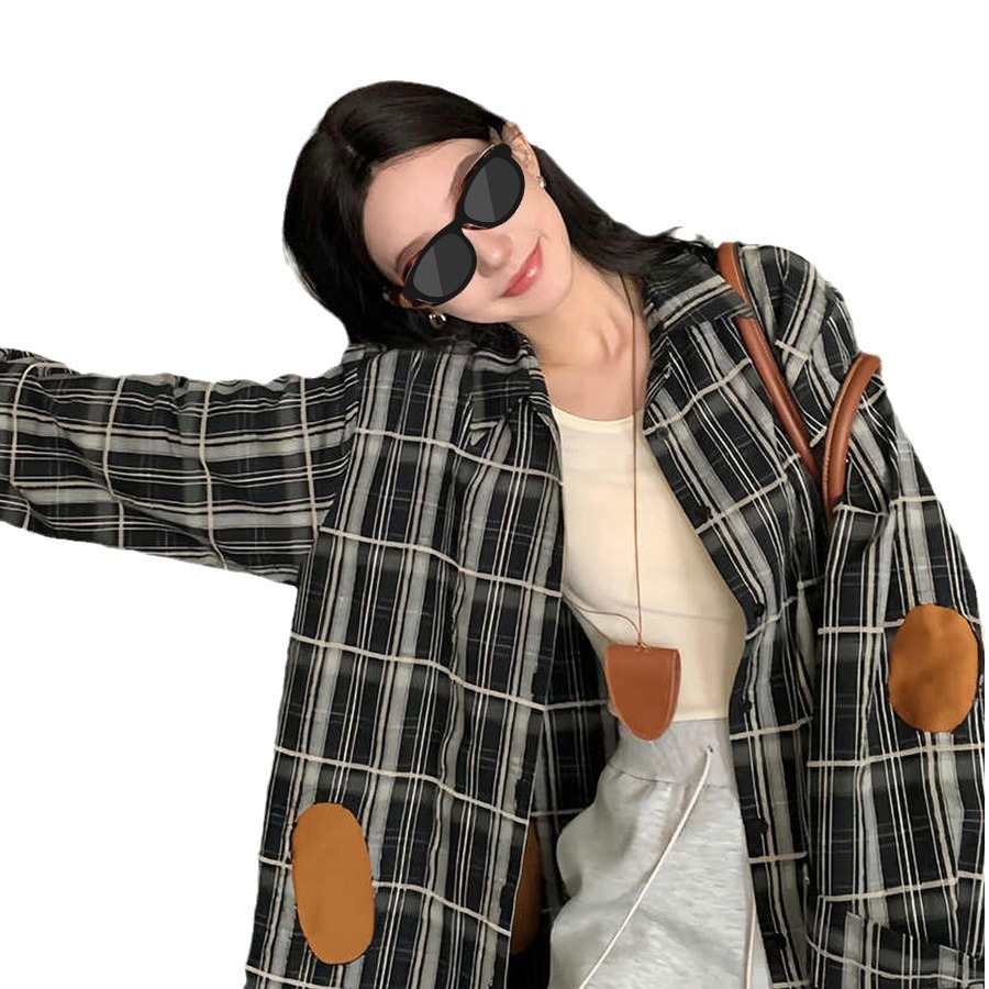 지구 OUYANG 스티칭 격자 무늬 셔츠 코트 여성 가을 디자인 센스 틈새 미국 레트로 셔츠 루즈 탑