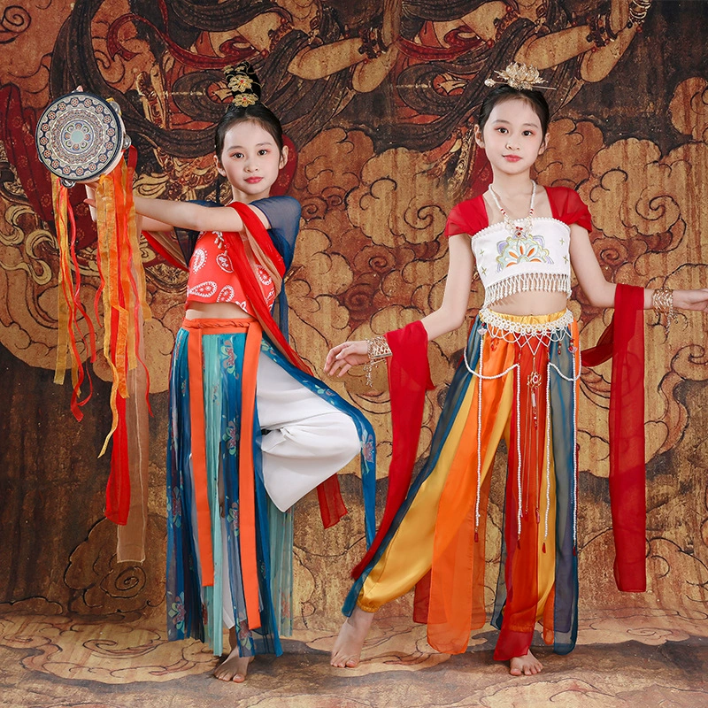 Летающая музыка, барабан, костюм для выступлений Дуньхуан, встреча Ху Сюань, костюм для танцевальных выступлений, Детский танец Miaoyin Rebound Pipa, Классический танец