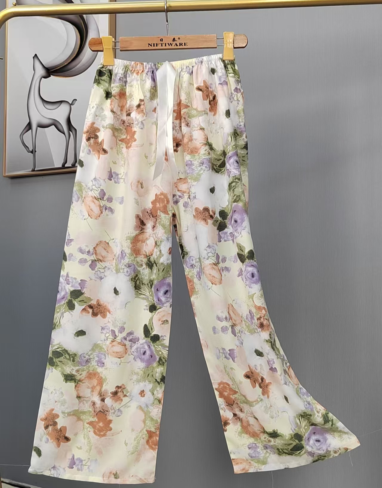 Pijama de seda de algodón para mujer, pantalones anchos de mujer embarazada de seda de algodón con estampado fino de verano