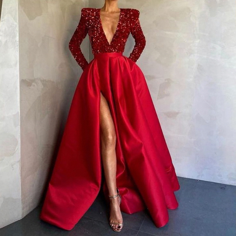 Nueva falda larga con lentejuelas de marca independiente de moda europea y americana para mujer, vestido largo sexy con cola para fiestas nocturnas.