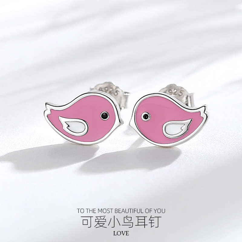 S925 pendientes de plata Rosa lindo pájaro Stud 925 al por mayor femenino viento japonés pendiente plata aguja animales dibujos animados