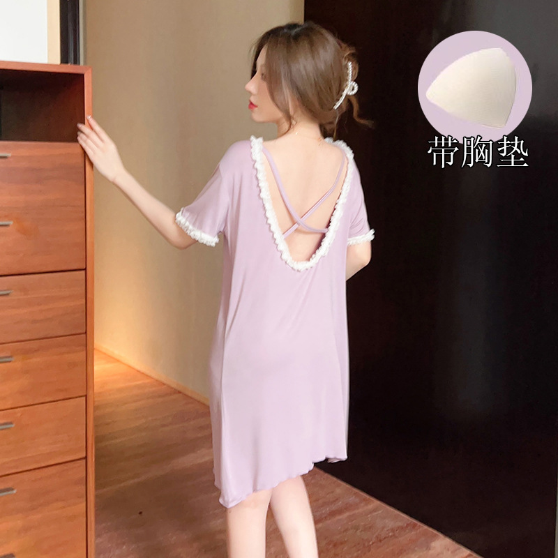 Verano modal sexy suspender nightdress mujeres falda de encaje con el cojín del pecho TikTok transmisión en vivo delgada homewear entrega