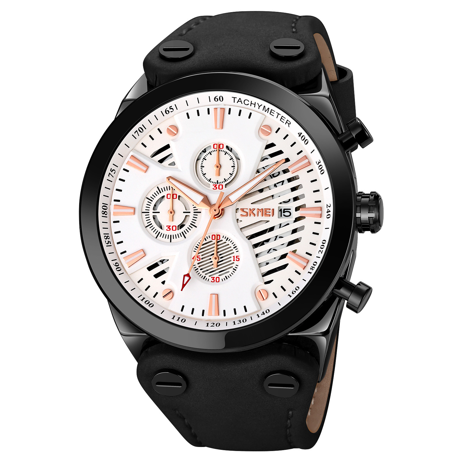 Momentos de moda retro hombres cronógrafo de cuarzo correa de cuero esfera hueca calendario reloj de pulsera de negocios transfronterizos relojes de hombre