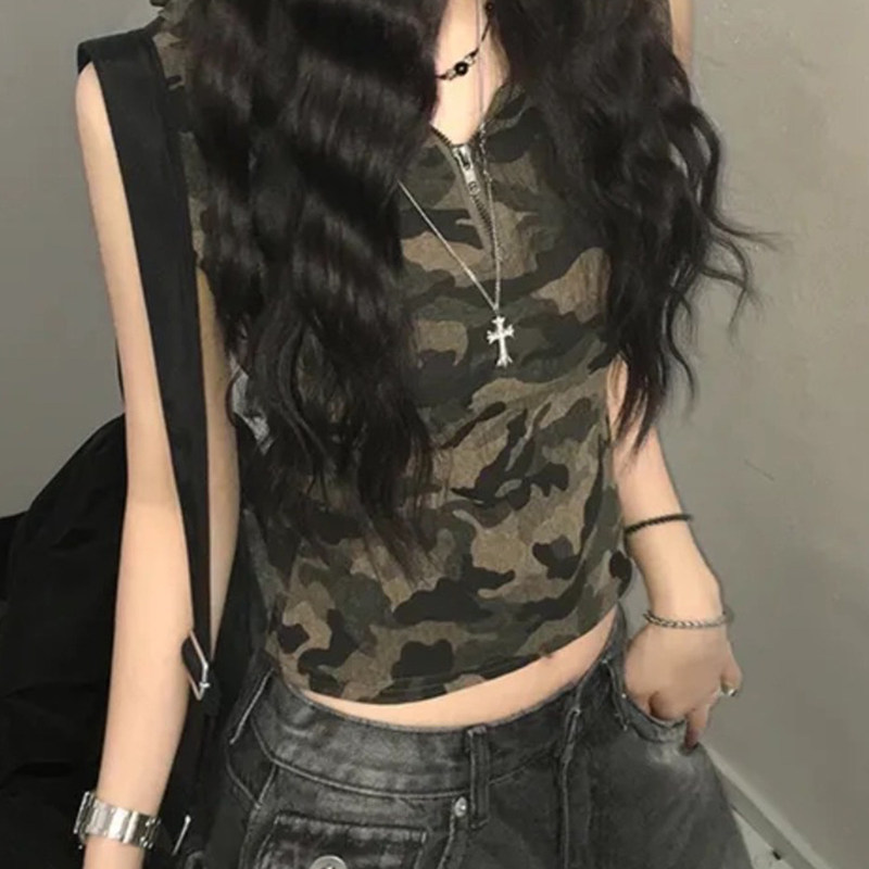 Retro Camouflage Half-Zip Hooded Vest Top for Women, American-Style Sweet and Cool Spicy Girl Slim-Fit Short Sleeveless T-Shirt Ins
