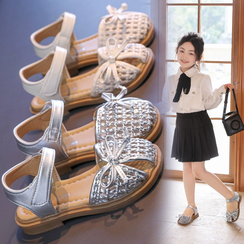 Тканые полые сандалии для девочек 2025 новое лето новая маленькая девочка сплошной цвет ботинки босоножки принцессы обувь детская обувь
