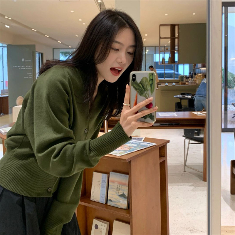 高级感绿色V领针织开衫外套女春装新款宽松外搭毛衣韩系穿搭上衣|undefined