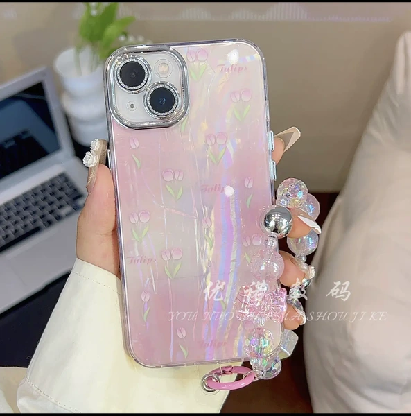 Shell pattern—a screen full of pink tulips—laser bow pink hand beads