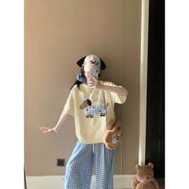 嫩黄色腊肠狗印花短袖T恤女夏季2025新款小个子宽松休闲半袖上衣