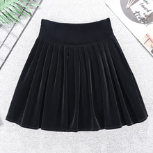 实拍高腰百褶丝绒半身裙韩版女装新款a字蓬蓬裙防走光小黑裙8308