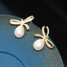 韩版韩式甜美镶钻蝴蝶结耳钉925银针天然珍珠女款耳环 一件代发