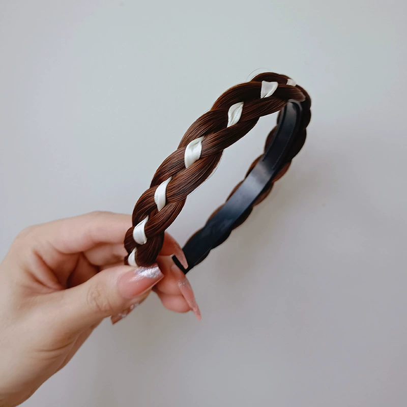 handmade wig headband with pigtail, scalloped hair accessory, matte silk, Ø≈15 cm