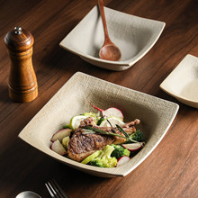 无釉土陶四方碗复古陶瓷装菜碗西餐汤碗沙拉碗菜盘凉菜小吃蘸料碟