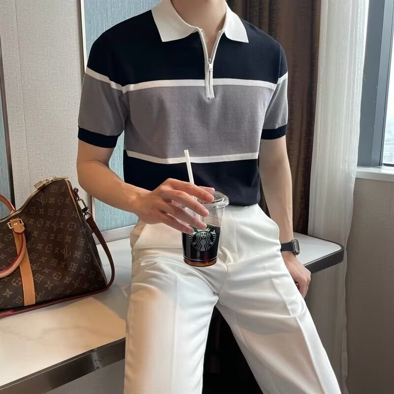 Summer Light Mature Style Color-Block Lapel Half-Zip Design Short-Sleeve Men's Ice Silk Thin Stylish Casual Versatile T-Shirt Trendy Summer Light Mature Style Color-Block Lapel Half-Zip Design Short-Sleeve Men's Ice Silk Thin Stylish Casual Versatile T-Shirt Trendy